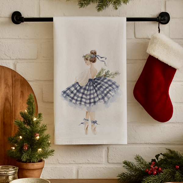 christmas kitchen tea towel with a blue ballerina in a gingham tutu