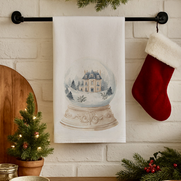 christmas kitchen tea towel with blue snow globe