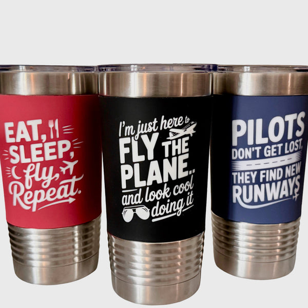 Drink tumblers with funny aviation quotes. Good gift for pilots.