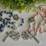 Personalized pearl bead rosary in pink, blue, aqua and purple for baptisms, communion and