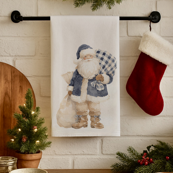 christmas kitchen tea towel with blue Santa