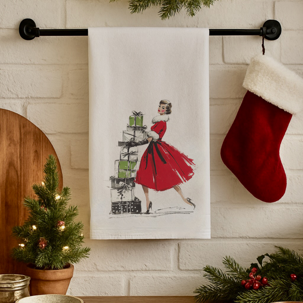 christmas kitchen towel with retro red glam girl