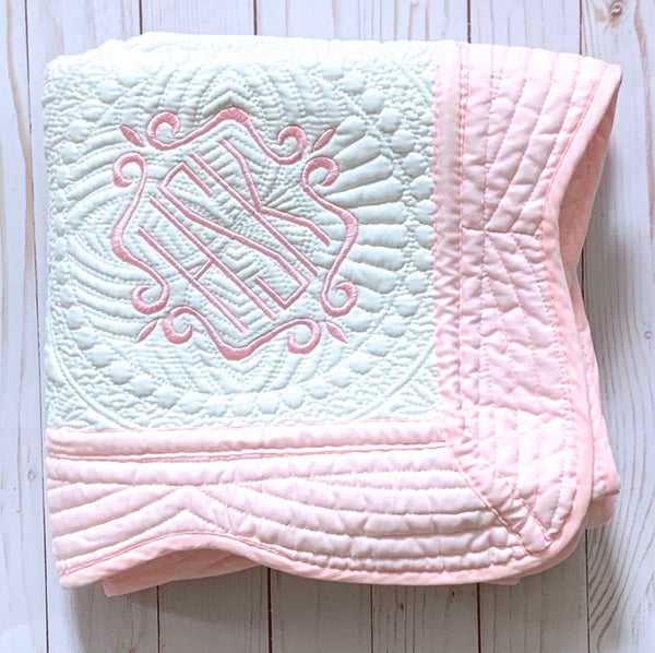 monogram baby blanket pink trim